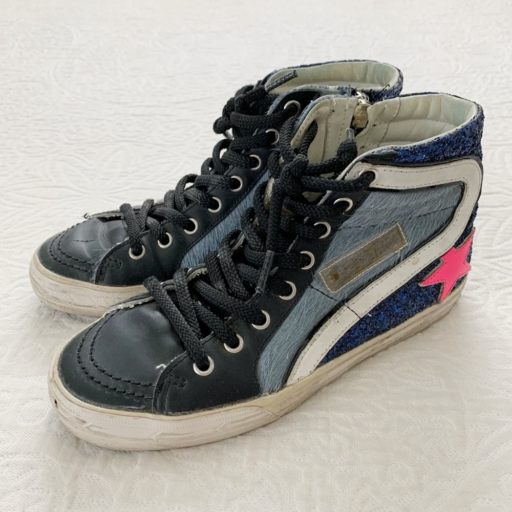 Golden Goose Slide Blue Glitter & Hot Pink Star High-Top Sneakers (Sz 36 = US 6)